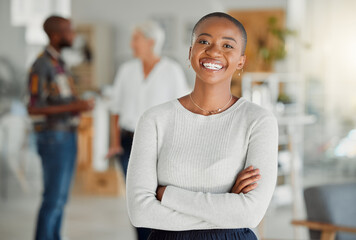 Aufkleber - Portrait, woman and modern office with confidence, smile and pride as creative designer in career. Female person, happiness and arms crossed as professional in digital agency, business or company