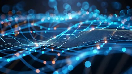 Poster - A dynamic visual showcases a network of glowing blue nodes linked by lines, symbolizing the flow of digital data in a virtual environment focused on technology and connectivity.