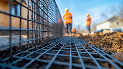 Wall Mural - A construction site with three workers in orange vests. The workers are standing in front of a fence