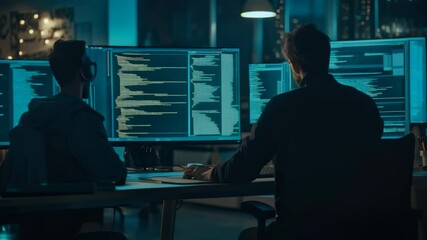 Aufkleber - Two programmers focused on coding late at night in a dimly lit office. Illuminated by glowing monitors. Their teamwork and expertise evident as they tackle complex problems in it and web development