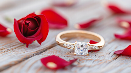 Ring with wedding ring and rose petals on wooden background highlighting romance and elegance