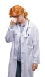 © Krakenimages.com - Young redhead woman wearing doctor uniform tired rubbing nose and eyes feeling fatigue and headache. Stress and frustration concept.