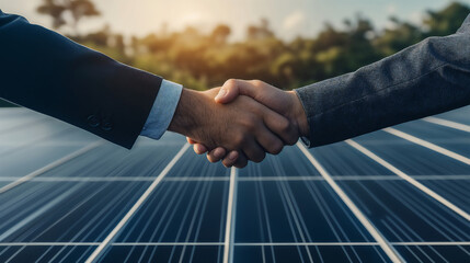 Business Partnership And Renewable Energy, Handshake Over Solar Panels, Sustainable Collaboration, Green Energy Agreement, Eco-friendly Business Deal, Solar Power Cooperation Two Businessmen Handshake