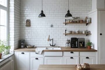 A kitchen with a sink, a coffee maker, and a potted plant