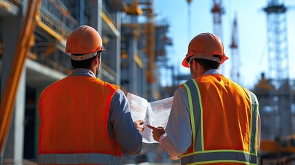 Two construction workers review blueprints. This image showcases the collaboration and planning involved in construction projects.