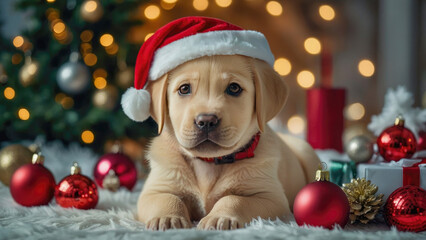 Wall Mural - Labrador puppy in a Santa Claus hat