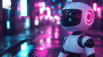 3d white robot on the right side of the image on a neon abstract background, space for text, banner, technology, future, science, copyspace, digital virtual world, artificial intelligence, robotics