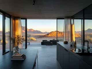 A kitchen with a view of the mountains