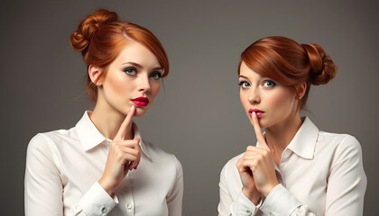 Two beautiful redhead women with same hair buns, dressed in identical formal shirts, keeping fingers at lips, having conspiratorial expressions, asking to keep silence, not to disclose their secret