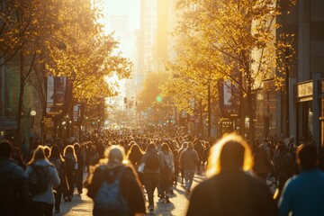 a bustling city street with people walking, illuminated by the golden glow of sunlight filtering through the trees, showcasing diverse and hairstyles, capturing urban life Generative AI