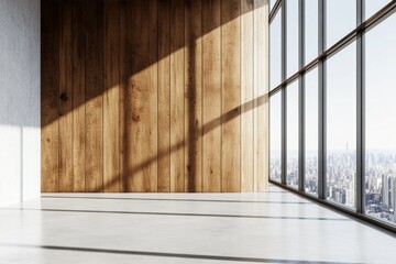 A large room with a wooden wall and a large window