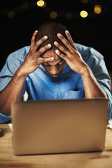 Poster - Man, laptop and stress at night in office, article deadline and reporter burnout with column. Male person, 404 error and website glitch for research, frustrated and pressure on journalist for news