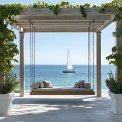 A swing is hanging over a pool with a boat in the water