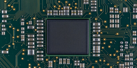 Poster - Electronic circuit board showing computer technology with cpu microchip