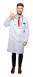 © Krakenimages.com - Young handsome doctor man wearing medical coat smiling doing phone gesture with hand and fingers like talking on the telephone. Communicating concepts.
