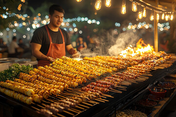 Wall Mural - street food vendors under glowing lights offer a glimpse into the culinary culture of urban areas. c