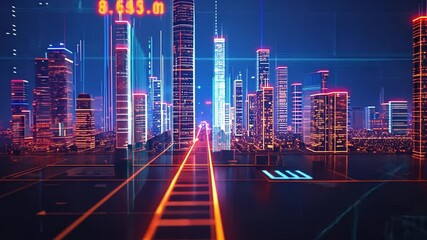 Aufkleber - A vibrant city skyline comes to life at night, filled with towering skyscrapers aglow in neon colors. The scene conveys a sense of advanced technology and urban energy.