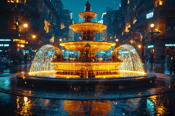 Canvas Print - city fountains or statues lit up at night serve as landmarks in many urban landscapes. concept of ci