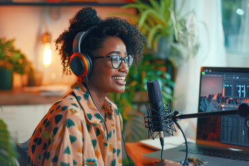 Passionate podcaster, young black woman, in a cozy home studio with headphones and microphone. Modern online communication, blogging