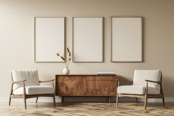 A minimalist interior featuring two chairs, a wooden cabinet, and three empty frames on a neutral wall, creating a serene atmosphere.