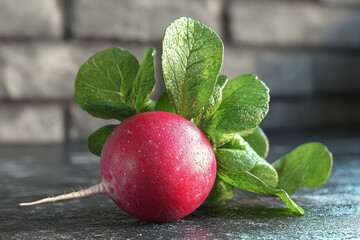 Wall Mural - A radish isolated from its background showcases its bright red exterior and leafy greens. Concept of vegetable isolated from background.