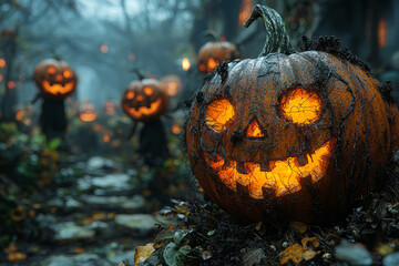 Wall Mural - A pumpkin patch with haunted scarecrows that seem to move in the shadows creates a sinister setting for a Halloween night. Concept of fear.