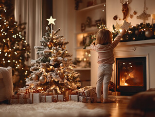 A child decorates a Christmas tree in a cozy living room filled with festive decorations and warm, glowing lights during the holiday season