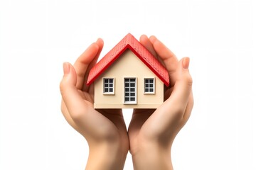 A hand is holding a small red house. The house is white and has a red roof. The hand is holding the house in a way that it looks like it is being protected