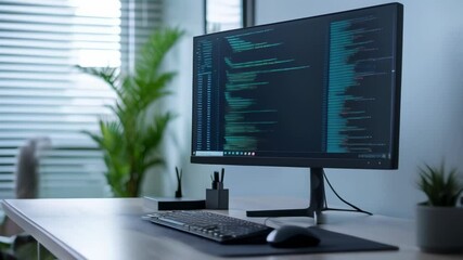 Aufkleber - Modern workplace is shown, featuring a curved monitor displaying lines of code, suggesting a focus on software development and programming tasks
