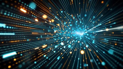 Fototapete - A vibrant explosion of glowing particles and luminescent beams radiates outward against a dark backdrop, creating a visually striking display of energy and movement.