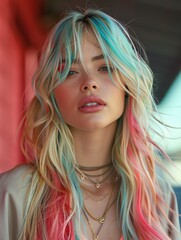 Unreal vibrant portrait of girl with pink blue hair, creating playful ethereal look. Perfect for modern fashion beauty campaigns, emphasizing bold colors youthfulness.