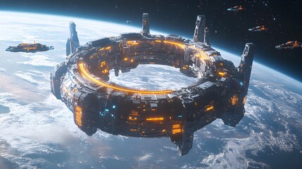 a glowing, holographic space station in the shape of a circle, suspended above a vibrant planet with
