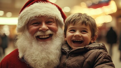 A smiling man in a Santa hat is standing next to a smiling boy