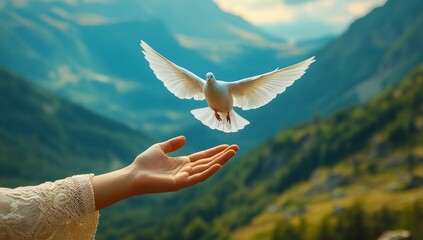 A white dove is flying over a mountain range