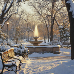 Sticker - Snow-Covered Wooden Benches in a Peaceful Winter Park Setting