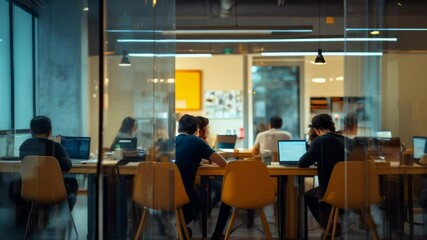 Aufkleber - Group of young programmers working on computers in a modern open space office. They are developing new software solutions for their clients