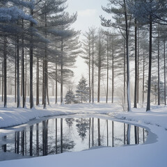 Canvas Print - Tall Pine Trees Dusted with Snow in a Winter Park