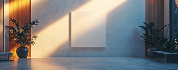 Leinwandbilder - Blank white canvas mockup on a modern gallery wall in a 3D rendering, with warm spotlight lighting and crisp, clean architectural lines