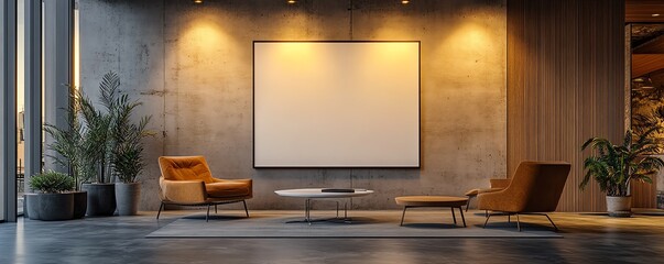 Leinwandbilder - Blank white canvas mockup on a modern gallery wall in a 3D rendering, with warm spotlight lighting and crisp, clean architectural lines