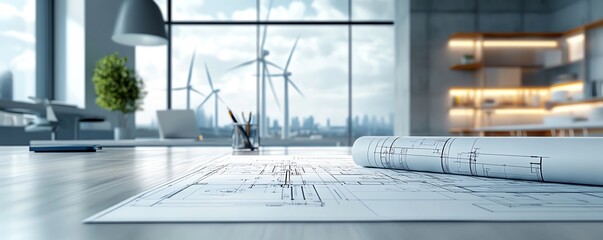 Poster - An architects workspace featuring blueprints for wind turbine placement, with large wind turbines in the background highlighting renewable energy projects