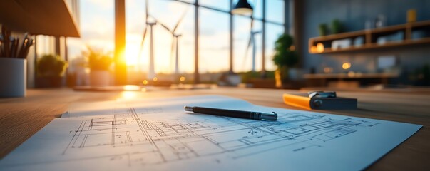 Poster - An architects workspace featuring blueprints for wind turbine placement, with large wind turbines in the background highlighting renewable energy projects