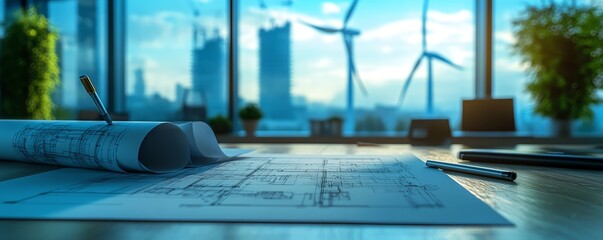 Poster - An architects workspace featuring blueprints for wind turbine placement, with large wind turbines in the background highlighting renewable energy projects