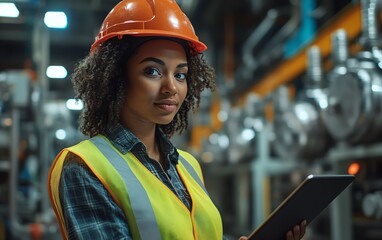 Leinwandbilder - Confident female factory worker in highvisibility vest and hard hat, using a tablet to analyze realtime data on the production line