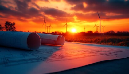 Aufkleber - Creative blueprint planning session for wind energy projects, with technical drawings and wind turbines visible in the background against a vibrant sunset