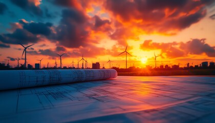 Aufkleber - Creative blueprint planning session for wind energy projects, with technical drawings and wind turbines visible in the background against a vibrant sunset