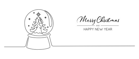 Fototapete - One continuous line drawing of Christmas crystal snow globe with xmas tree. Magic glass ball for winter xmas holiday concept in simple linear style. Editable stroke. Doodle vector illustration