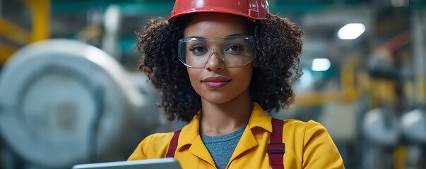 Leinwandbilder - Female technician in a factory environment, holding a tablet and inspecting machinery, ensuring safety compliance and operational efficiency