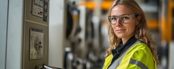 Leinwandbilder - Female technician in a factory environment, holding a tablet and inspecting machinery, ensuring safety compliance and operational efficiency