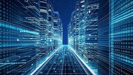 Leinwandbilder - Bright blue lights pulse through a digital corridor of a data center, symbolizing the rapid exchange of information in a futuristic technological landscape.