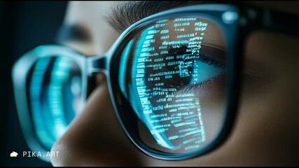 Programmer works late, coding with passion and focus, their glasses reflecting lines of code as the digital world comes to life